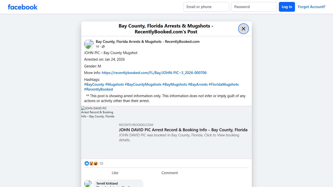 JOHN PIC – Bay County Mugshot Arrested on: Jan 24, 2026 Gender: M More info: https://recentlybooked.com/FL/Bay/JOHN-PIC~3_2026-000706 Hashtags: #BayCounty #Mugshots #BayCountyMugshots #BayMugshots #BayArrests #FloridaMugshots #RecentlyBooked ** This post is showing arrest information only. This information does not infer or imply guilt of any actions or activity other than their... - Bay County, Florida Arrests & Mugshots - RecentlyBooked.com Facebook